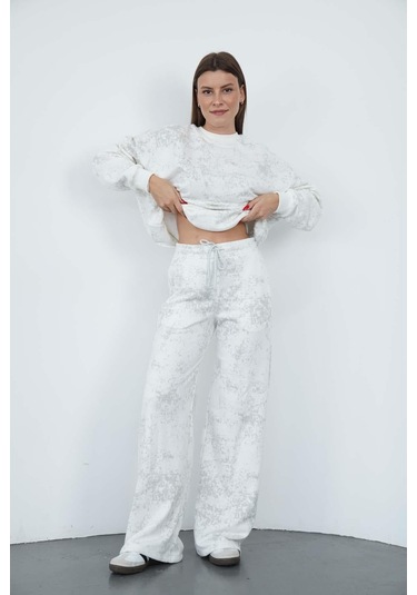 Penyebizden Oversize Sweatshirt & Geniş Paça Eşofman Altı Takım-ekru-gri Baskılı
