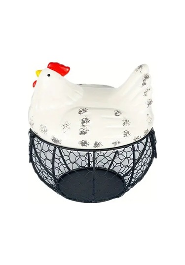 Willowhaven Beyaz Seramik Yumurta Saklama Kutusu Tavuk Desenli Metal File Ve Çiçek Dekor Beyaz