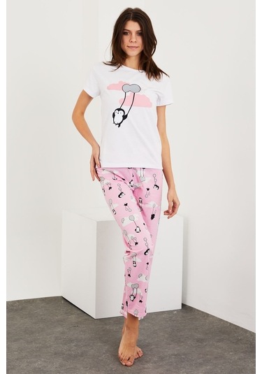 Gimer - Baskılı Kısa Kol Pijama Takım - Ece4202G Beyaz