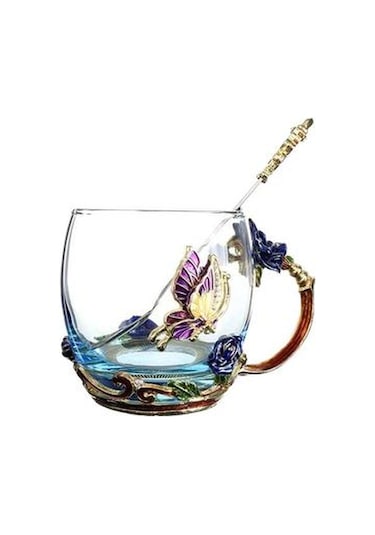 Mavi Gül Emaye Kristal Kupası Çiçek Çay Cam Yüksek Dereceli Cam Su Kupası Çiçek Kupa İle Handgrip Ile Mükemmel Hediye Düğün Kupalar Mavi Ahşap