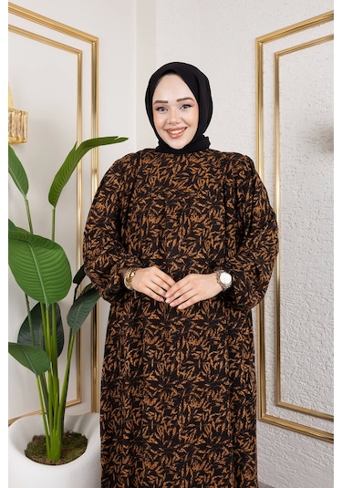 Nevayla Moda Robalı Desenli Viskon Elbise - Kiremit / E0126 Kiremit