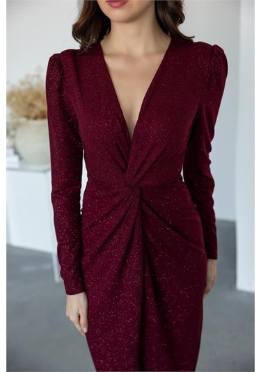 Kadın Büzgü Detaylı Simli Gece Elbisesi Dpnbmy3633 Bordo