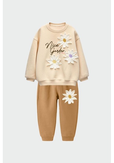 Yeni Sezon Kız Çocuk Papatya Kabartmalı 3 İplik Süzene Takım Krem