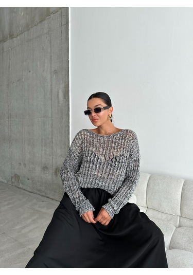 Siyah-ekru Lace Kayık Yaka Pullu Kazak Siyah - Ekru