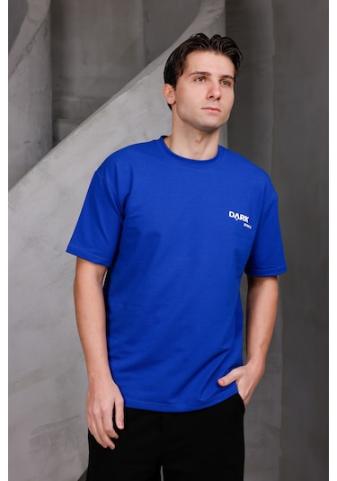 Erkek Baskılı Oversize Bisiklet Yaka 2 İki İplik Kompakt T-shirt Saks