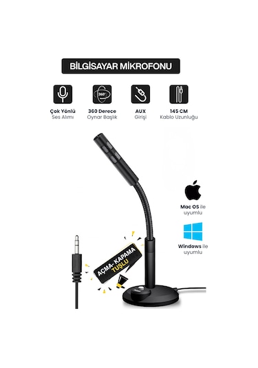 Hd Ses Gürültü Önleyicili Bilgisayar Mikrofonu Aux 3.5mm 2 Boğumlu