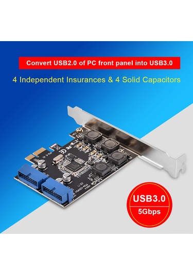 Yaozixa Pcı-e X1'den Usb3.0'a Genişletme Kartı, 2 Adet 19pin Bağlantı, 4 Usb Portu, 4 Bağımsız Sigorta Ve Güç Modülü İle 5gbps Hız