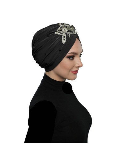 Kopma Astarlı İşlemeli Siyah Sarı Dantel Motifli Hazır Türban Tesettür Abiye Bone Siyah - Sarı