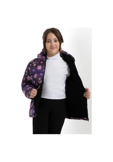 Kız Çocuk Mor Kar Tanesi Desen İçi Polar Su Ve Rüzgar Geçirmez Kapüşonlu Cepli Şişme Kışlık Mont Mor