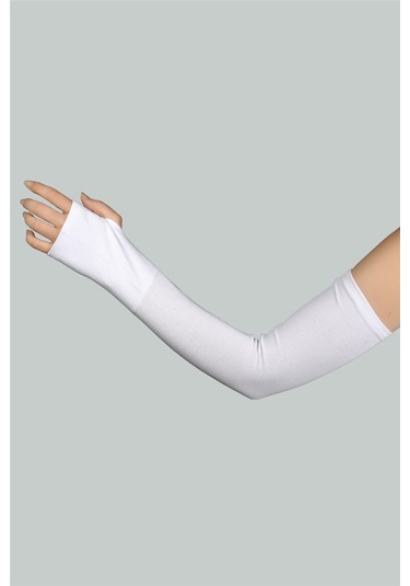 Altobeh Kesik Parmak Geçmeli Penye Kadın Tesettür Kolluk - Beyaz