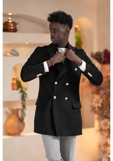 Paul Martin İtalyan Yaka Yünlü Kruvaze Kaşe Kaban Siyah