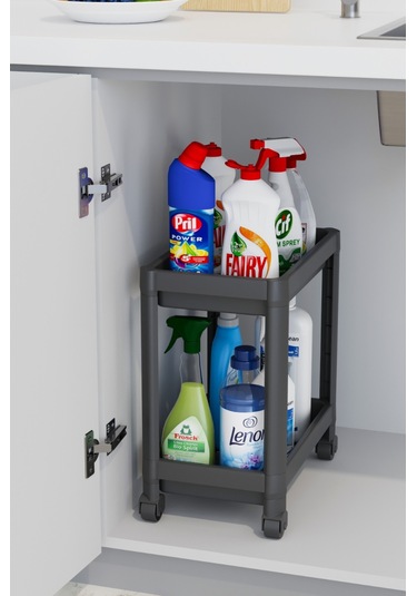 Mithra Life 2 Adet 2 Katlı Tekerlekli Tezgah Altı Siyah Banyo Mutfak Rafı Mıt1122 Siyah