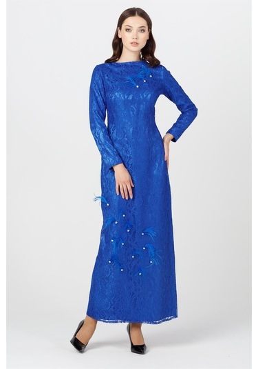 Sax - Tüylü Taşlı Dantel Abiye Elbise Saks