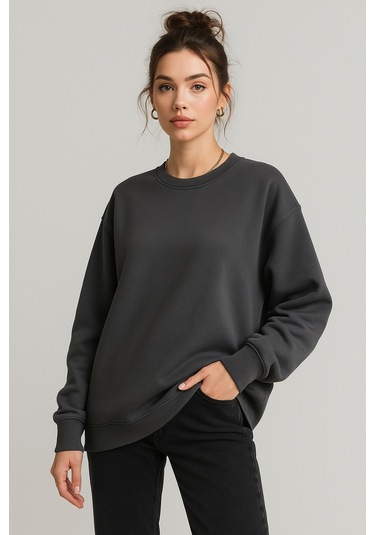 Kadın Füme Bisiklet Yaka Oversize Sweatshirt Füme