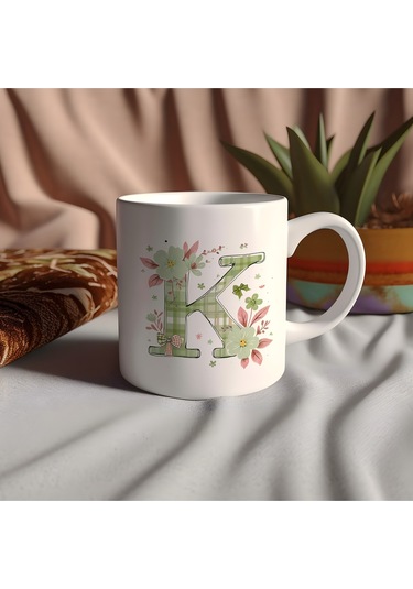 K Harfli Çiçek Desenli Kupa Bardak - Ekose Desenli Yeşil Pembe Desenli Tasarım - Kişiye Özel Hediye Beyaz