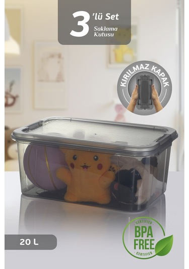 3'lü 20l Multibox Saklama Kabı Kilitli Kapaklı Çok Amaçlı Düzenleyici Kiler Depolama Saklama Kutusu Siyah
