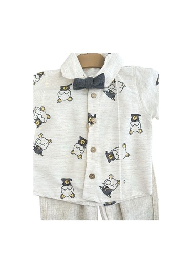 Erkek Bebek 4 Lü Pantolon Askılı Gömlek Papyonlu Takım-14129 Krem