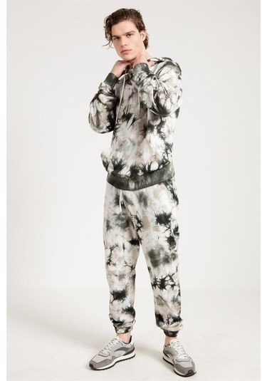 Jahr Marc Batik Yıkamalı Gri Oversize Erkek Kapüşonlu Sweatshirt Gri