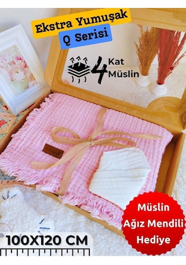 4 Kat Müslin Mint Yeşil Saçaklı Bebek Battaniyesi 100x120 Cm- %100 Pamuklu & Çok Amaçlı Battaniye Pembe