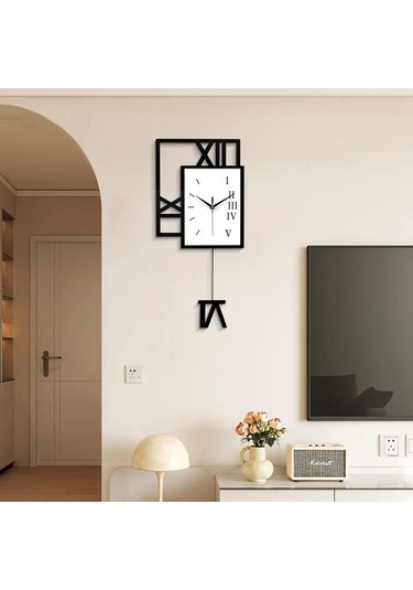 Cajuart Kare Tasarım Geometrik Roma Rakamlı Sallanan Sarkaçlı Duvar Saati Sessiz Siyah - Beyaz
