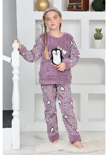Kız Çocuk Peluş Kumaş-göz Bantlı Penguenli Pijama Takımı 12281 Lila