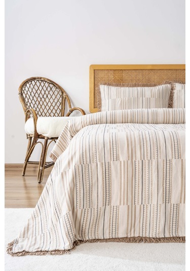 Lia Bej Çift Kişilik %100 Pamuklu Püsküllü Yatak Örtüsü Takımı 3 Parça Uyku & Çeyiz Seti