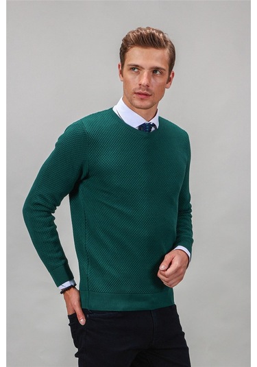 Tudors Slim Fit Dar Kesim Bisiklet Yaka Petek Desenli Erkek Kazak-16252 Yeşil