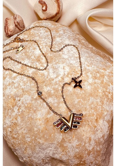 V Model Zirkon Taşlı Yoncalı Altın Gold Renk Paslanmaz Çelik Kolye Altın