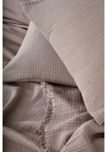 %100 Pamuk Çift Kişilik Müslin Yatak Örtüsü 4 Katlı Yumuşak Battaniye Müslin Pike Takımı 3 Parça Cappuccino Cappucino