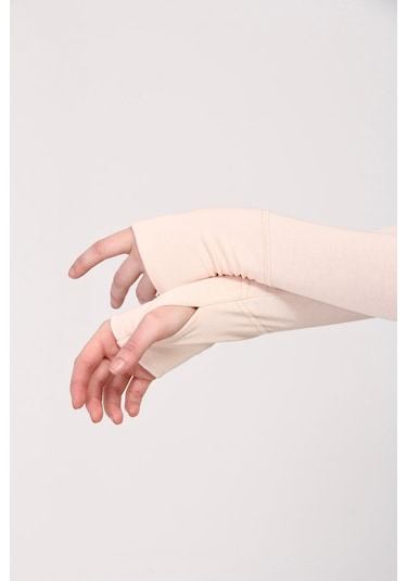 Parmak Geçmeli 45cm Likralı Penye Kolluk 1 Çift Pudra