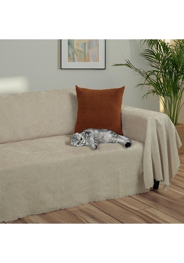 Jakarlı Şönil Koltuk Örtüsü Çekyat Örtüsü Koltuk Şalı 175x350 Kaymaz Camel Camel