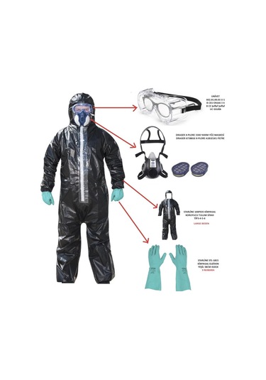 Tehlikeli Kimyasal İle Çalışmalarda Tam Koruma Set Starline Tulum Eldiven Drager Maske Univet Google Gözlük