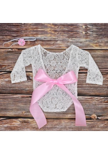 Bej Yenidoğan Bebek Kız Ilmek Yumuşak Dantel Romper Çiçek Kafa Bandı Fotoğraf Sahne Bej