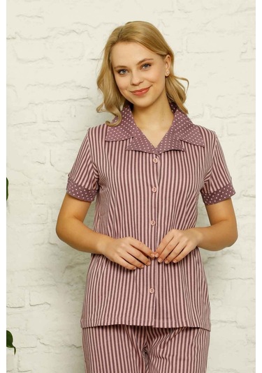 Dreamy Pamuklu Uzun Kollu Puantiyeli Düğmeli Yaka Pijama Takımı Açık Lila Puantiye Lila
