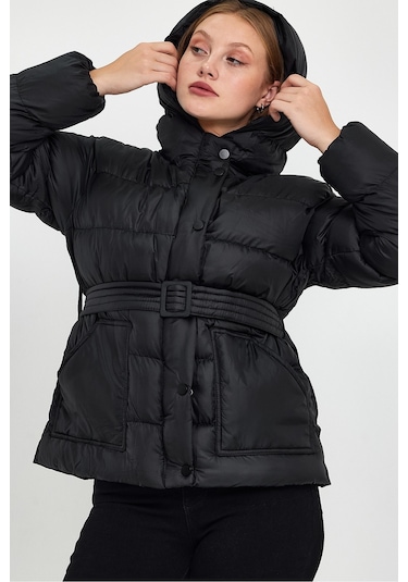 Alisse-kadın Siyah Kapüşonlu Kemerli Şişme Mont Kaban Siyah