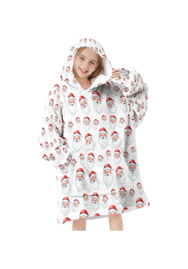 Noel Temalı 6-13 Yaş Çocuk Giyilebilir Battaniye Hoodie, Kalın Peluş, Büyük Boy-a162 Krem - Pembe