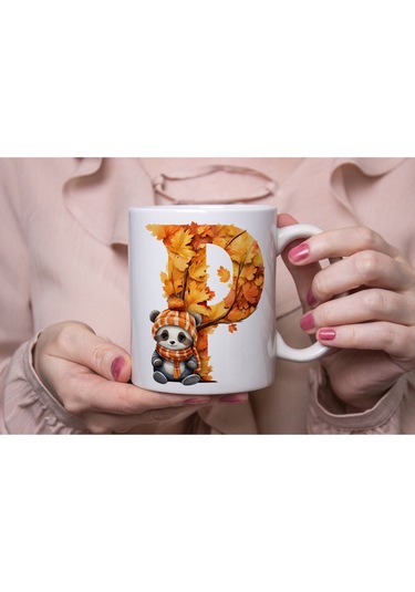 P Harf Sonbahar Yaprak Temalı Kupa Bardak - Sevimli Figürler İle Alfabe Harfli Bardak - Kişiye Özel Beyaz