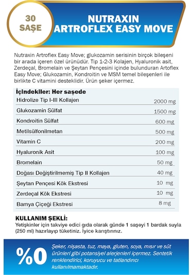 Nutraxin Artroflex Easy Move 30 Saşe – Tip 1-2-3 Kolajen, Glukozamin, MSM, Kondroitin İçeren Takviye