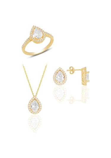 Gümüş Altın Yaldızlı Zirkon Taşlı Damla Modeli Üçlü Set