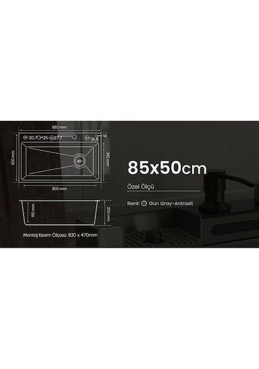 Gl General GLPR 8550 Gun Maxi Antrasit Akıllı Şelale Eviye Antrasit 85 x 50