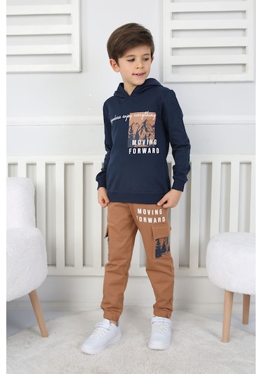 Moving Forward Kargo Cep Kapüşonlu 2 İplik Şardonlu Alt-üst Erkek Çocuk Eşofman Takımı Lacivert