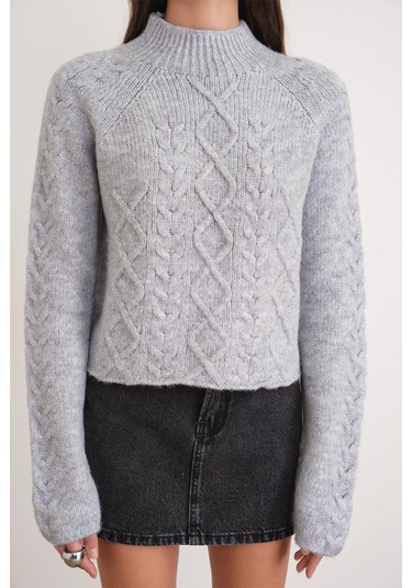 6855 Kadın Dik Yaka Saç Örgülü Triko Kazak Gri Gri