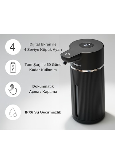 Evo House Otomatik Sensörlü Köpük Sıvı Sabunluk - Şarjlı- Dijital Led Ekran - Duvara Monte - E15 Model Siyah