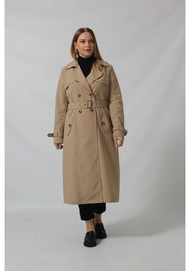 Dizaltı Düğmeli Kuşaklı Trençkot Vizon Taş