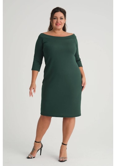 Kadın Yeşil Carmen Yaka Truvakar Kol Büyük Beden Esnek Krep Elbise-yeşil Yeşil