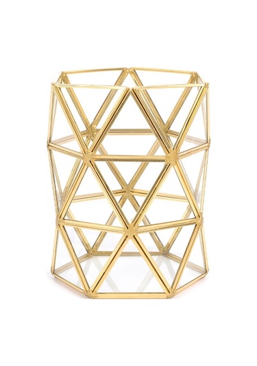 Sones Cam Depolama Tepsisi Altın Retro Poligon Aynalı Tepsi Pirinç Masaüstü Kozmetik Depolama Tepsisi Güzellik Fırçası Kovası