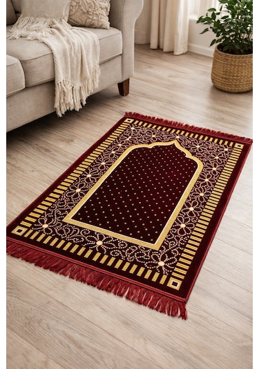 Kadife Seccade 110x70 Cm Yumuşak Dokulu, Dodya İplik İşlemeli Bordo