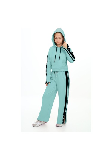 Kız Çocuk %100 Pamuk Kapüşonlu Uzun Kol Oversize Alt&üst Eşofman Takımı-eşt-0020 Mint