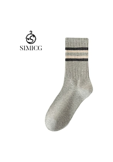 12 Çift Paket - Erkekler İçin Sonbahar/kış Orta Baldır Çizgili Pamuklu Çoraplar, Tek Beden Gri