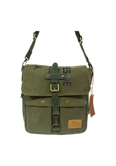 Vintage Baskılı Su Geçirmez Kanvas Deri Unisex Postacı Omuz Çantası 29 Cm X 30 Cm Haki